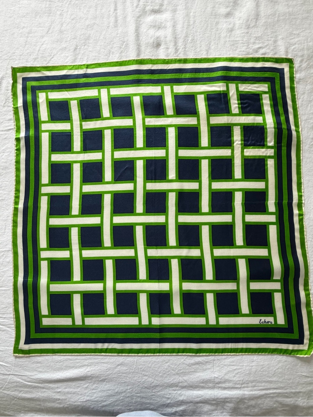 Vintage Echo Silk Scarf Bold Navy Green White Geometric Print
